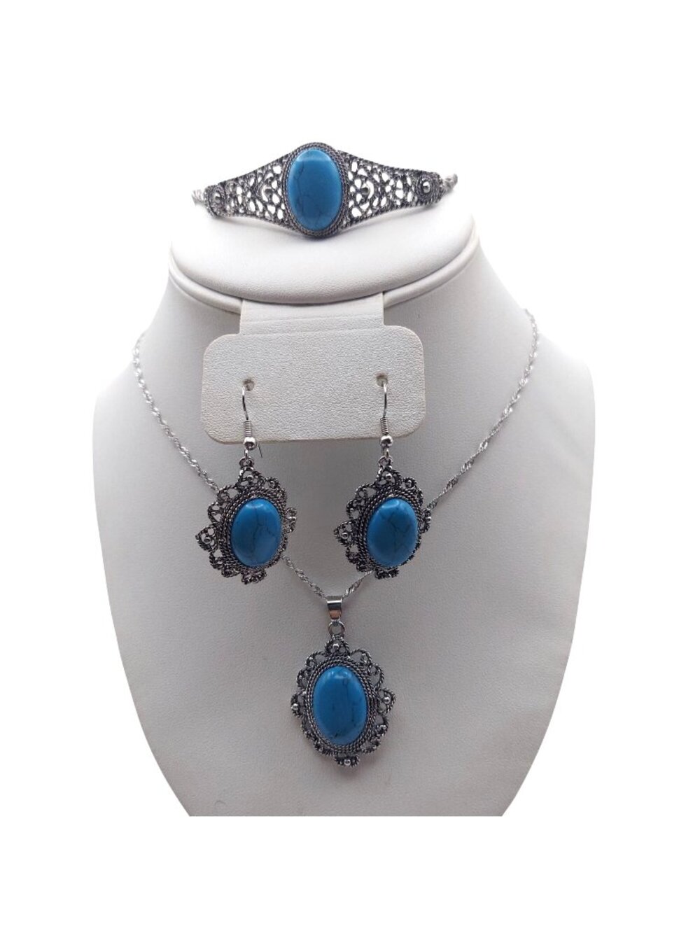 Blue Howlite Jewelry Set Of 3 Filigree Necklace Earrings Bracelet Southwestern